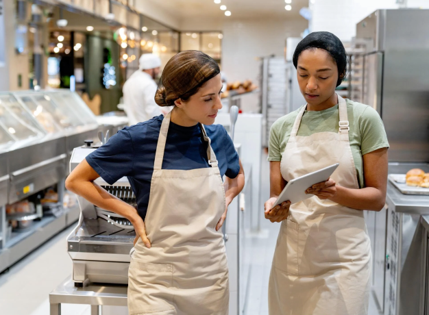 Two food service employees in aprons reviewing a tablet together in a commercial kitchen, discussing training or task execution.