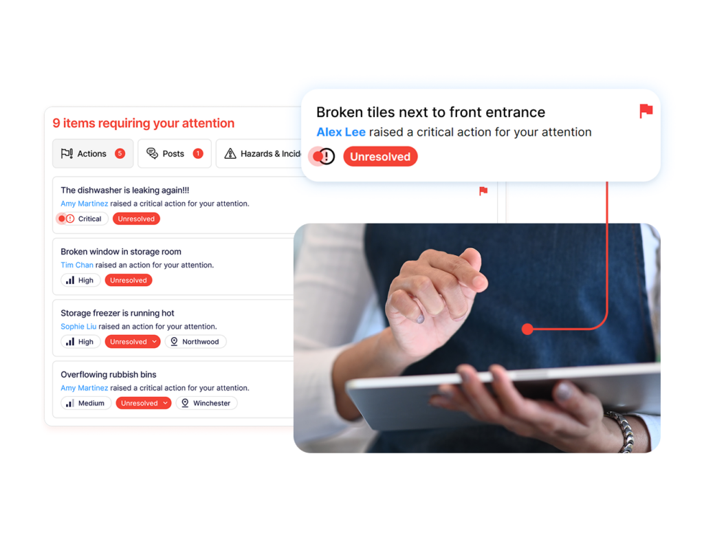 Corrective action dashboard listing unresolved hazard reports like broken tiles and leaking dishwasher, with a person reviewing on a tablet."