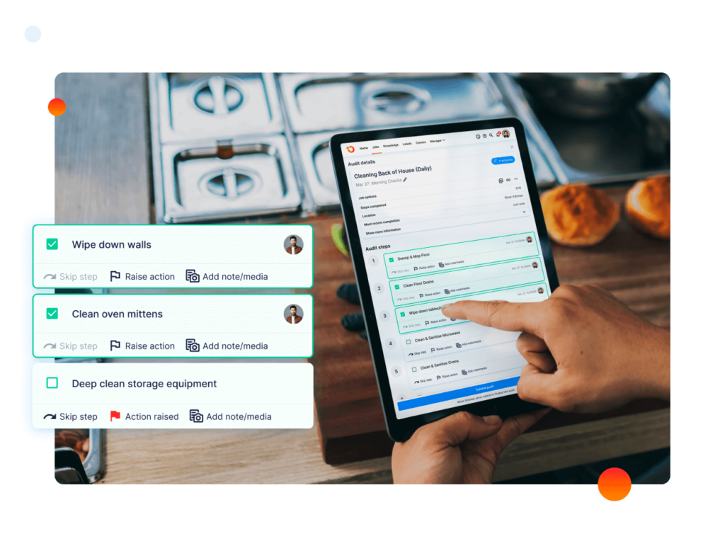 Kitchen worker completing a Cleaning Back of House audit checklist on a tablet, with wipe down walls and clean oven mittens steps.