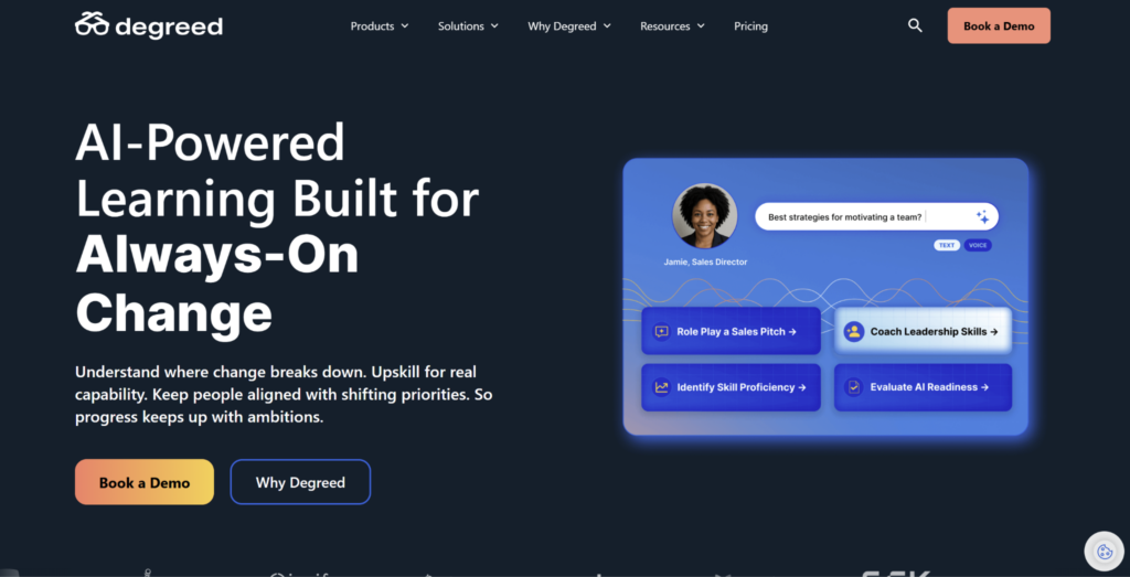 Degreed homepage banner: 'AI-Powered Learning Built for Always-On Change,' with an AI coaching interface showing skill-building actions.