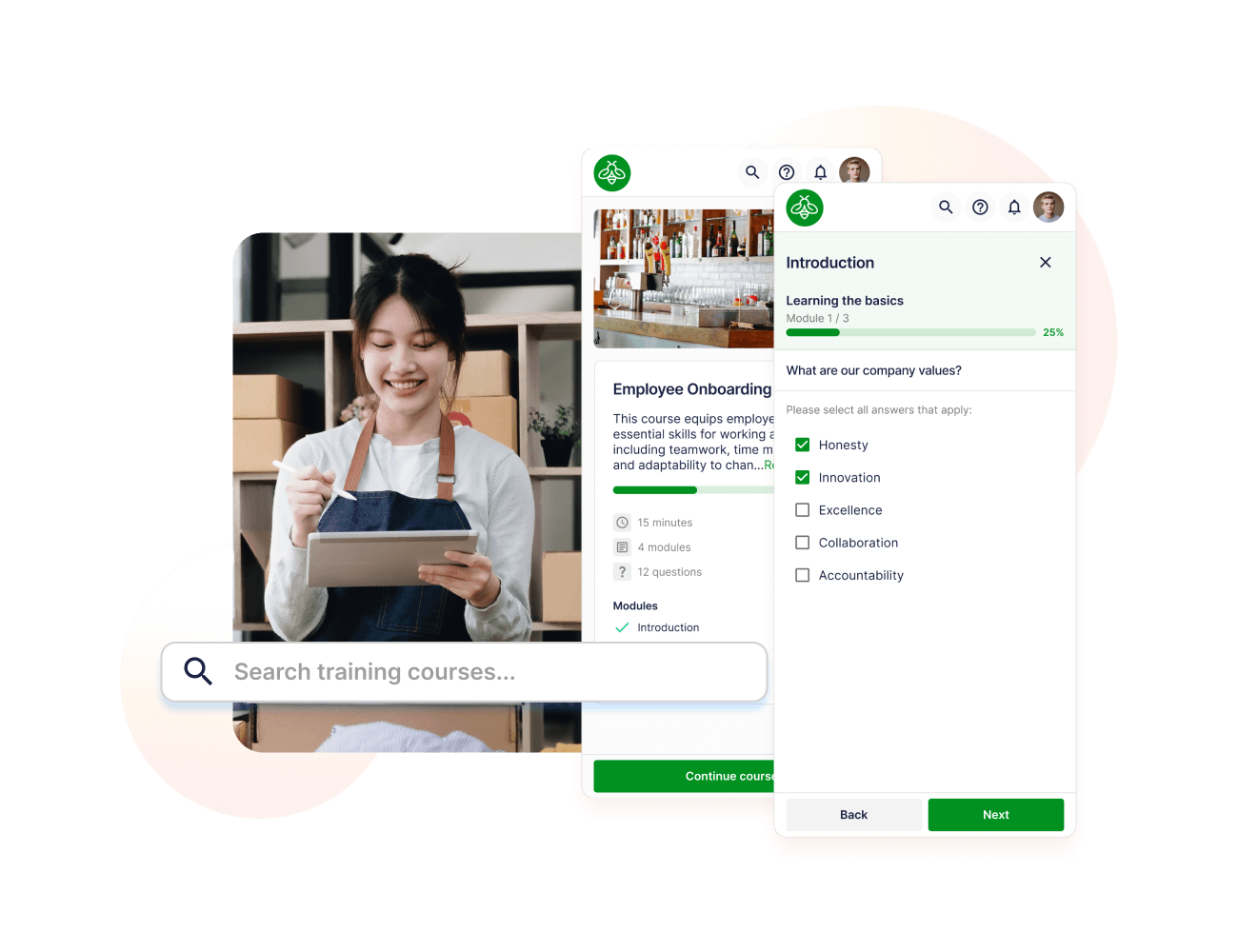 Employee onboarding course app with a company values quiz question, next to a worker completing the training on a tablet.