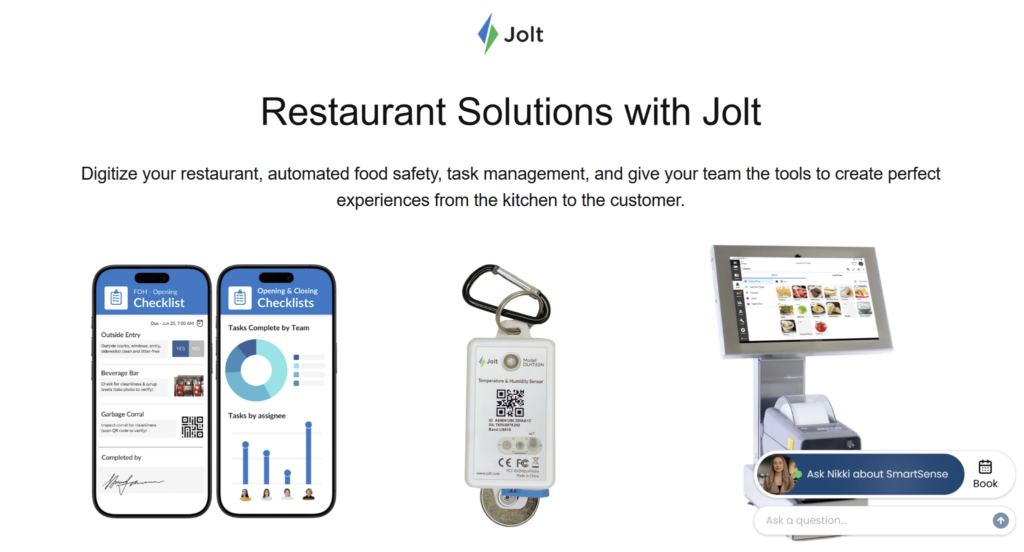 Jolt restaurant solutions homepage featuring digital food safety checklists, task management, wireless temperature monitoring, and restaurant POS software.