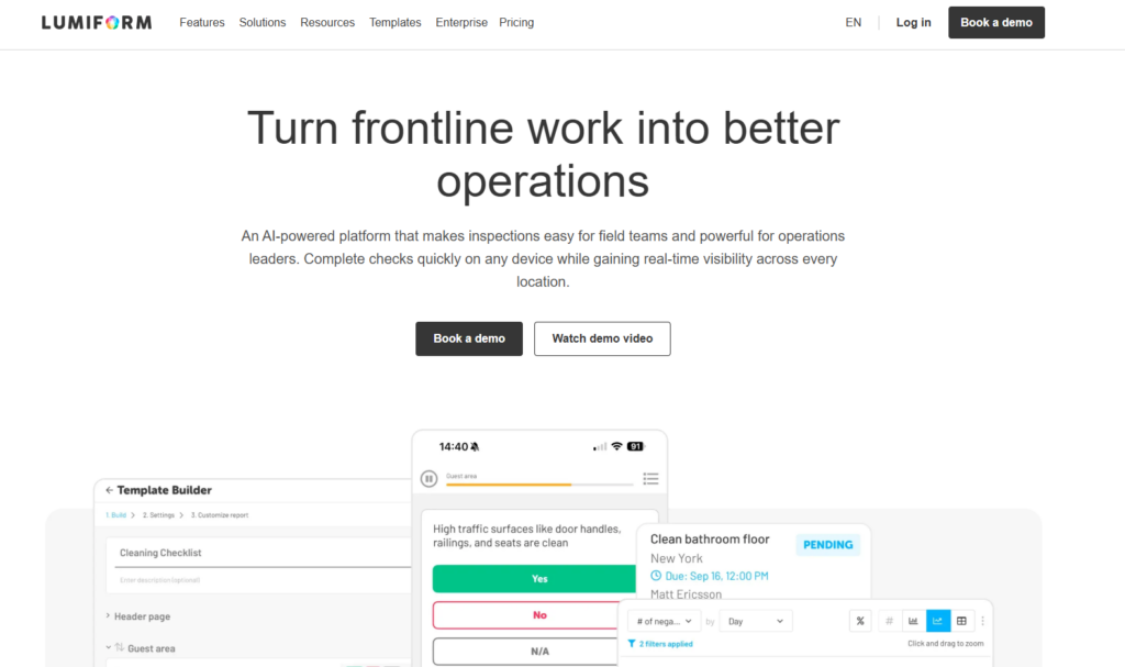 Lumiform homepage banner: 'Turn frontline work into better operations,' with a template builder, mobile checklist, and task tracking screens.
