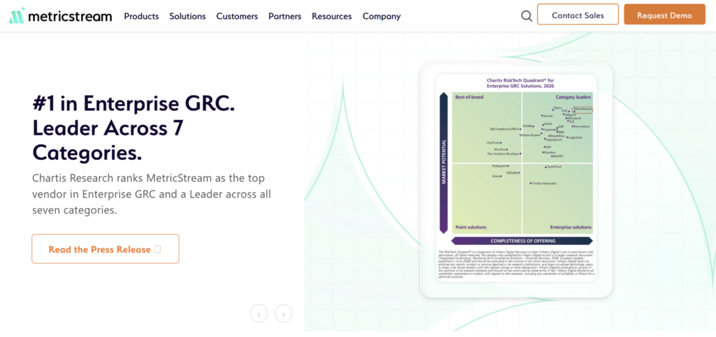 MetricStream homepage highlighting enterprise GRC software with Chartis Research rankings recognizing its leadership across seven governance, risk, and compliance categories.