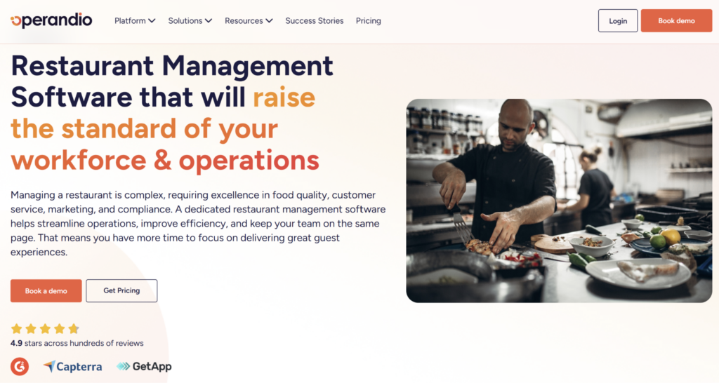 Operandio restaurant management software homepage showcasing workforce and operations management with a chef preparing food in a commercial kitchen.