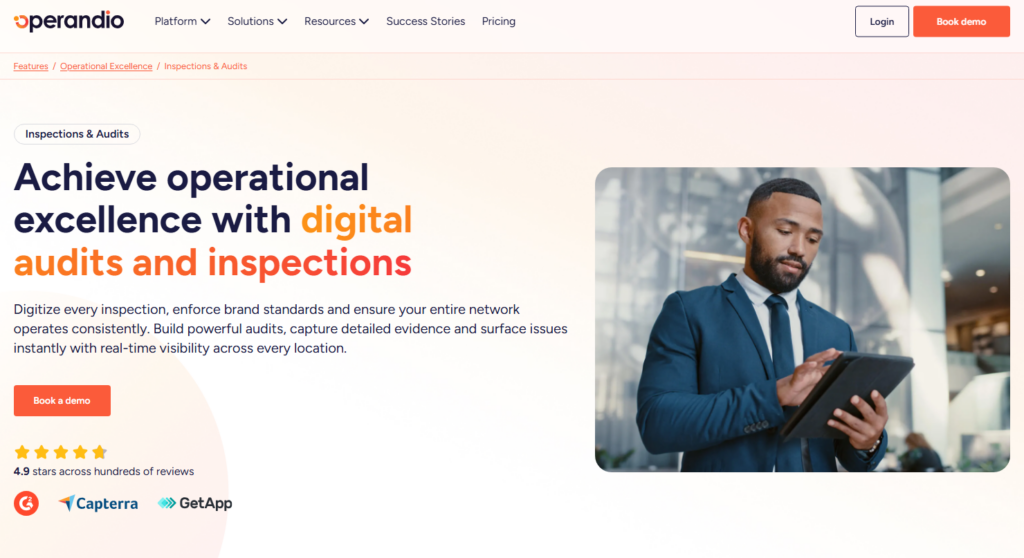 Operandio Inspections & Audits page banner: 'Achieve operational excellence with digital audits and inspections,' with a man using a tablet.
