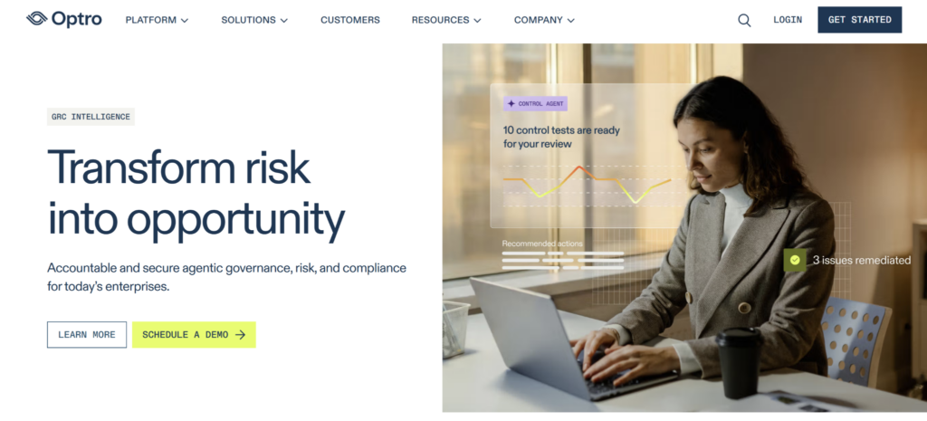 Optro GRC Intelligence homepage showcasing AI-powered governance, risk, and compliance software with risk monitoring and remediation insights.