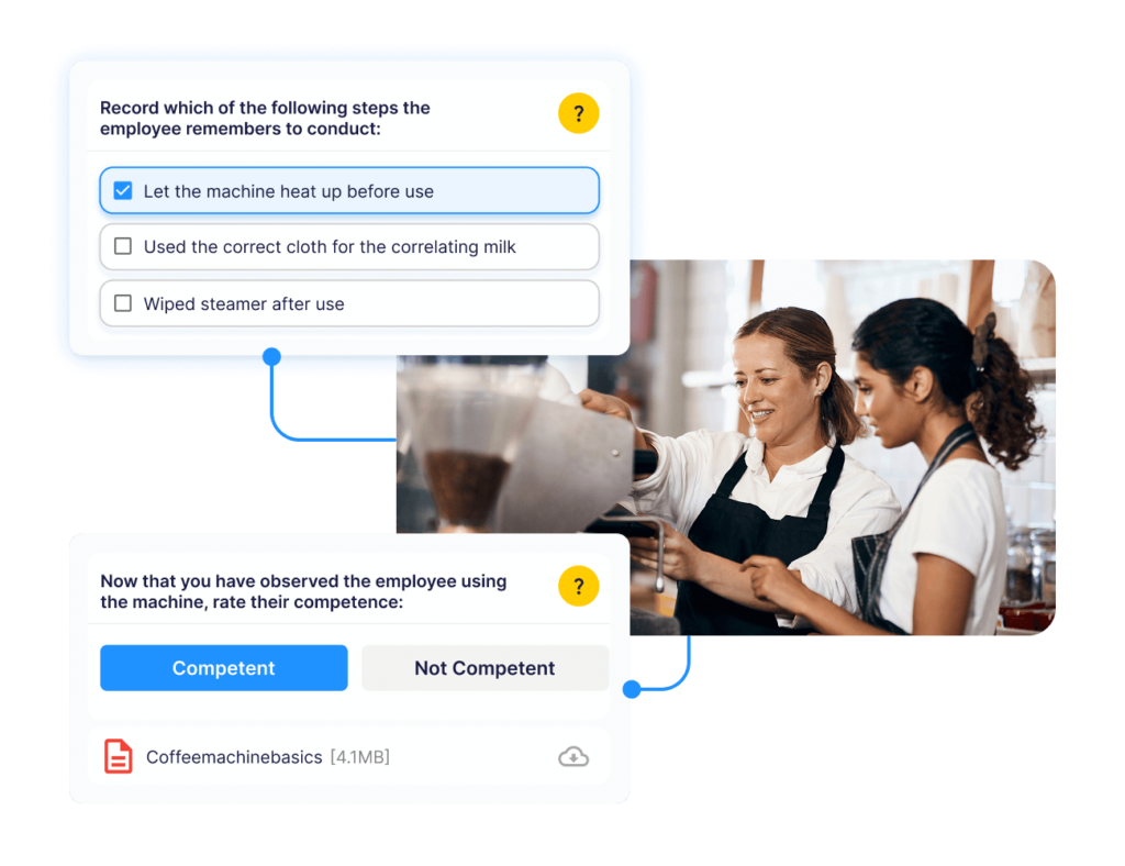 Physical skills assessment interface for coffee machine training, with a checklist and competence rating shown beside a barista training photo.