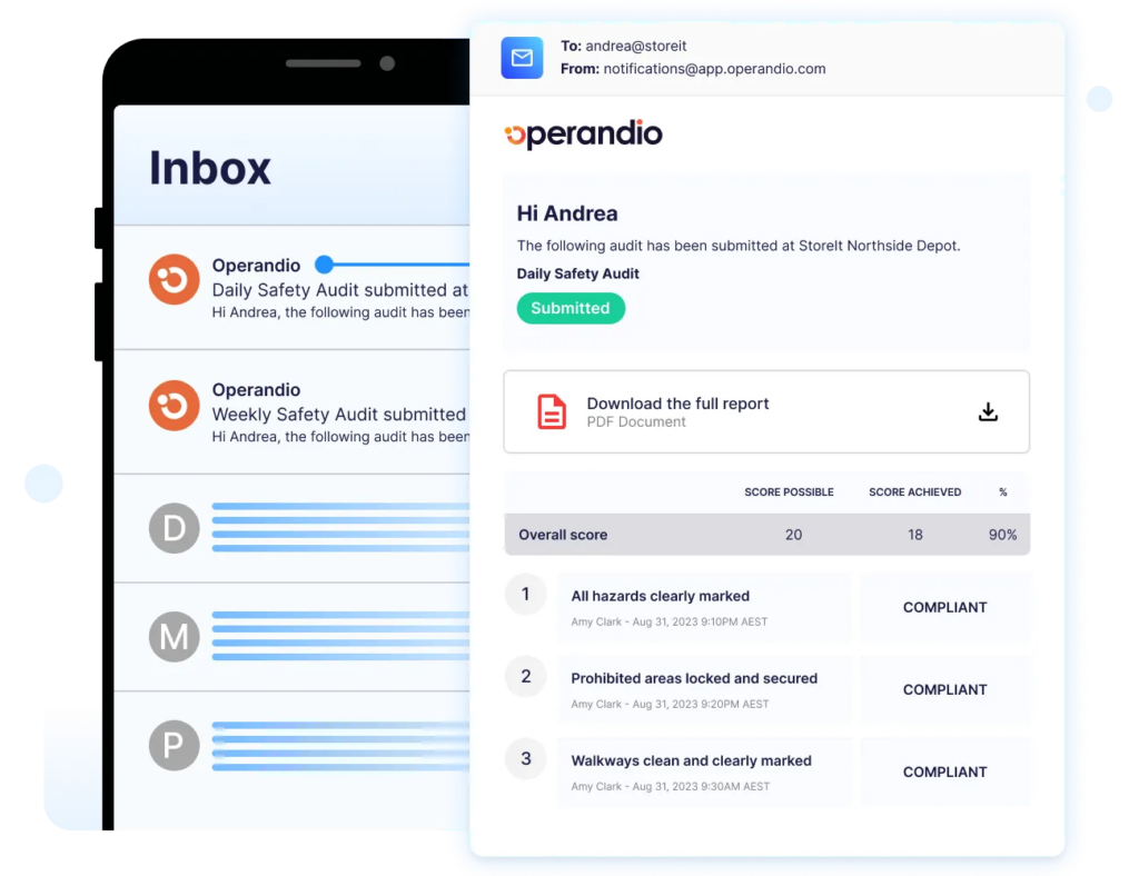 Email notification showing a completed digital audit report with inspection results, compliance status, and downloadable audit summary