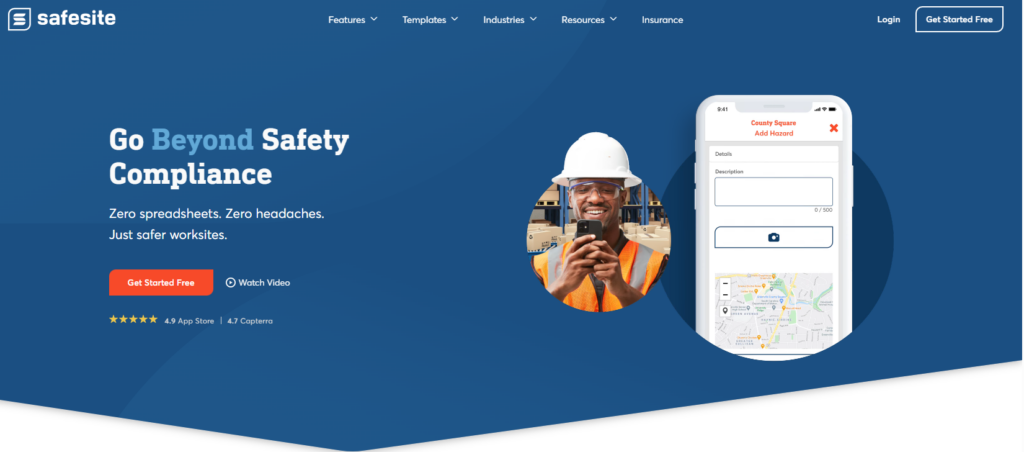 Safesite homepage banner: 'Go Beyond Safety Compliance,' with a worker in a hard hat using a phone and an Add Hazard app screen
