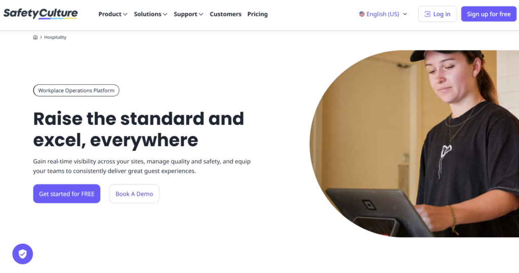 SafetyCulture hospitality homepage showcasing a workplace operations platform with a staff member using a POS system to manage quality, safety, and daily operations.