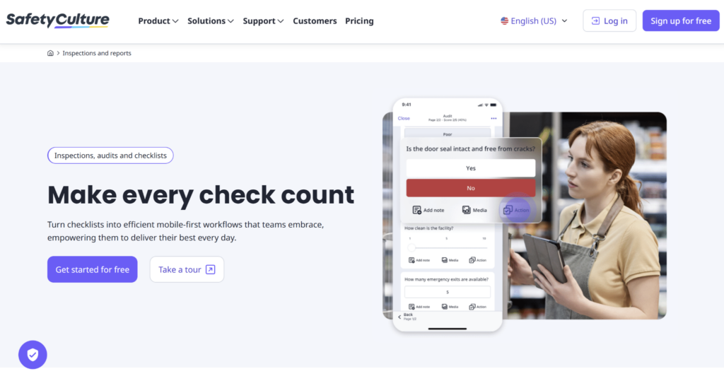 SafetyCulture homepage promoting digital inspections, audits, and checklists with a mobile-first inspection app and workplace safety workflows.
