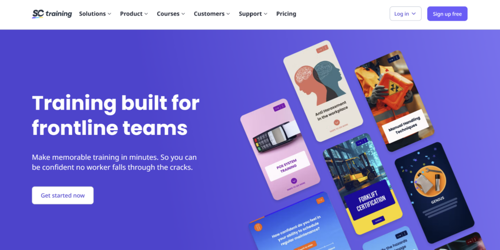 Safety Culture Training homepage banner: 'Training built for frontline teams,' with course cards for POS systems, forklift certification, and safety.