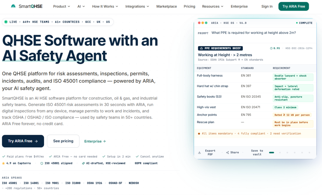 SmartQHSE homepage banner: 'QHSE Software with an AI Safety Agent,' with ARIA generating a PPE requirements brief for working at height.