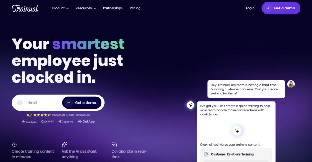 Trainual homepage banner: 'Your smartest employee just clocked in,' with an AI assistant chat generating customer relations training.