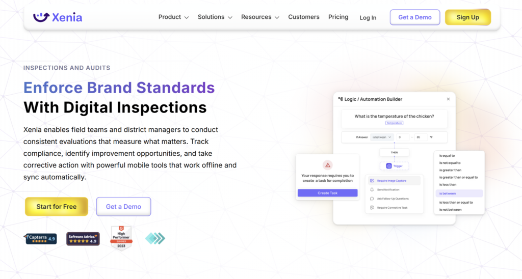 Xenia inspections and audits homepage highlighting digital inspections, automated workflows, compliance tracking, and mobile inspection management tools.