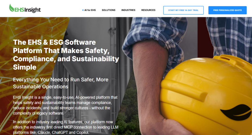 EHS Insight homepage banner: 'The EHS & ESG Software Platform That Makes Safety, Compliance, and Sustainability Simple,' with a worker holding a hard hat.