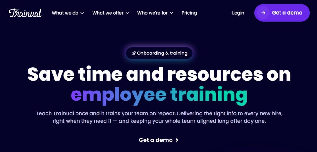 Trainual homepage banner with dark background and headline 'Save time and resources on employee training,' plus a 'Get a demo' button.