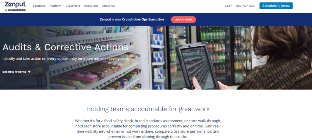 Zenput by Crunchtime banner for Audits & Corrective Actions, showing a worker using a tablet to scan retail store shelves.