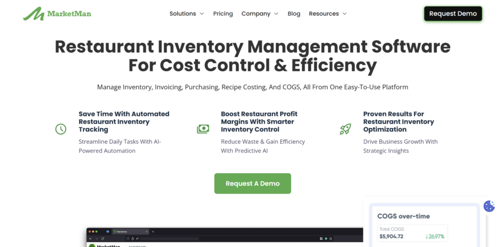 MarketMan homepage showcasing restaurant inventory management software for cost control, inventory tracking, purchasing, and food cost optimization.
