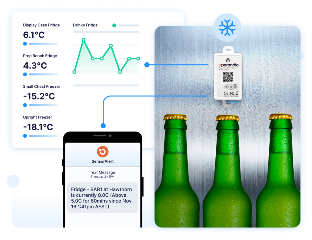 Cold chain monitoring system displaying refrigerator and freezer temperatures, sensor alerts, and a wireless temperature sensor tracking beverage storage conditions.