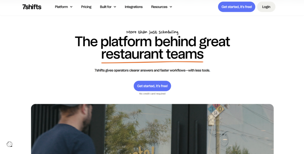 7shifts homepage promoting restaurant team scheduling software with workforce management tools and a hero image highlighting restaurant staff operations.