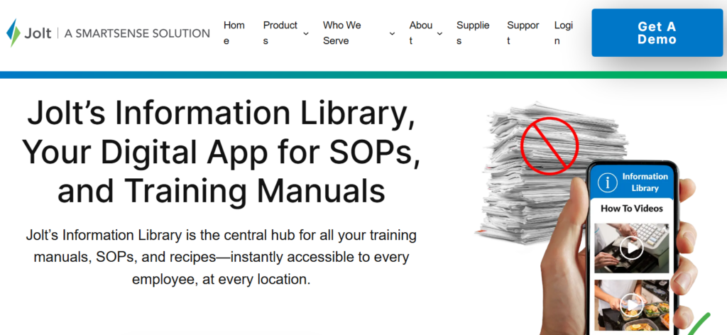 Jolt homepage banner: 'Information Library, your digital app for SOPs and training manuals,' with a paper stack replaced by a phone app.