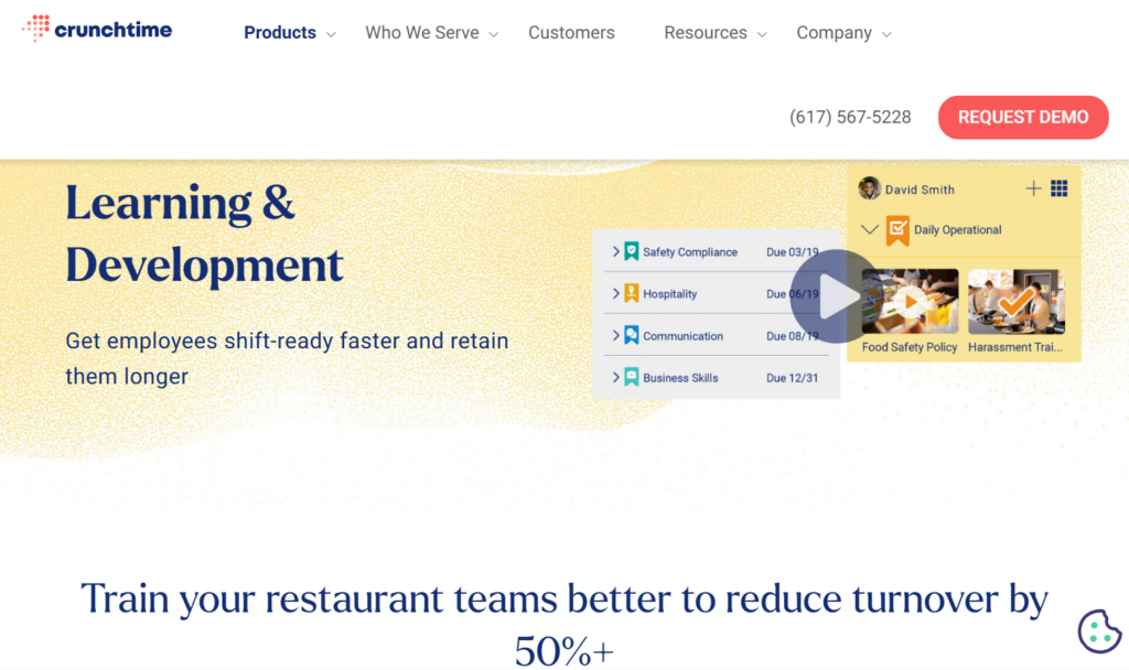 Crunchtime Learning & Development page banner showing a training checklist and video modules to help employees get shift-ready faster.