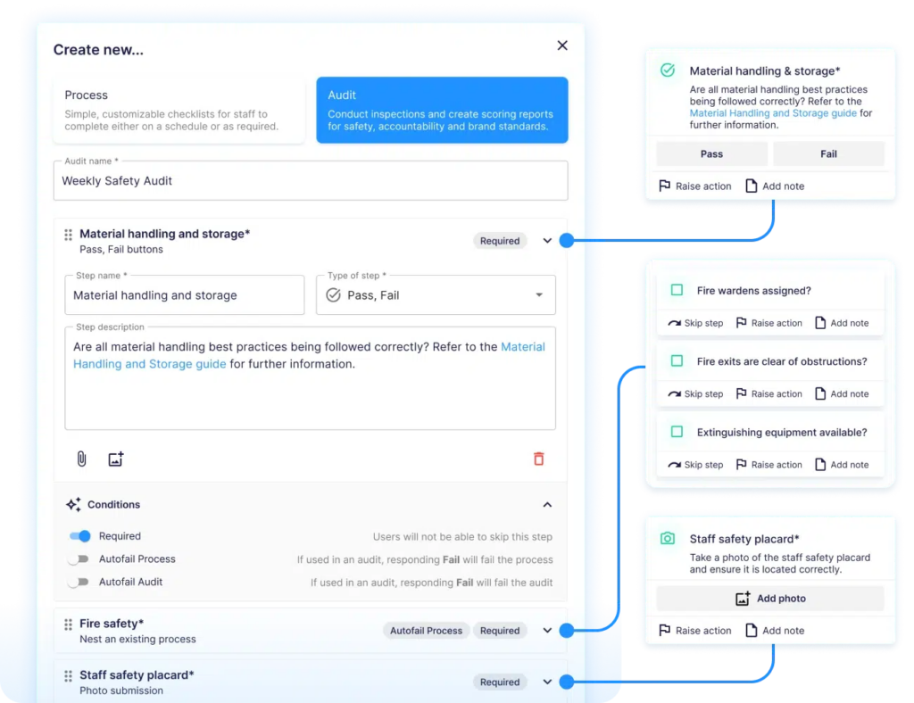 Weekly Safety Audit builder interface showing customizable steps like material handling, fire safety, and staff safety placard checks.